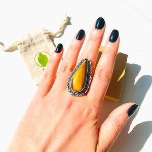 Tiger’s Eye golden gem stone crystal teardrop sterling silver 925 Ring Size 7.25